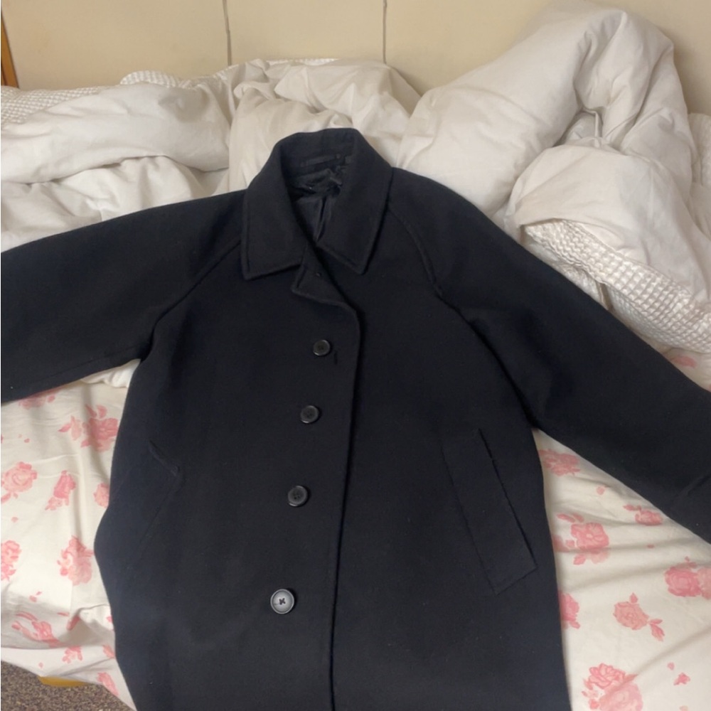 Dark Navy Pea Coat with Notched Lapel and Wool-like Texture